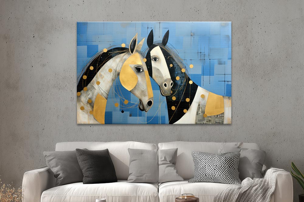 Zwei Pferde in Blau und Gold