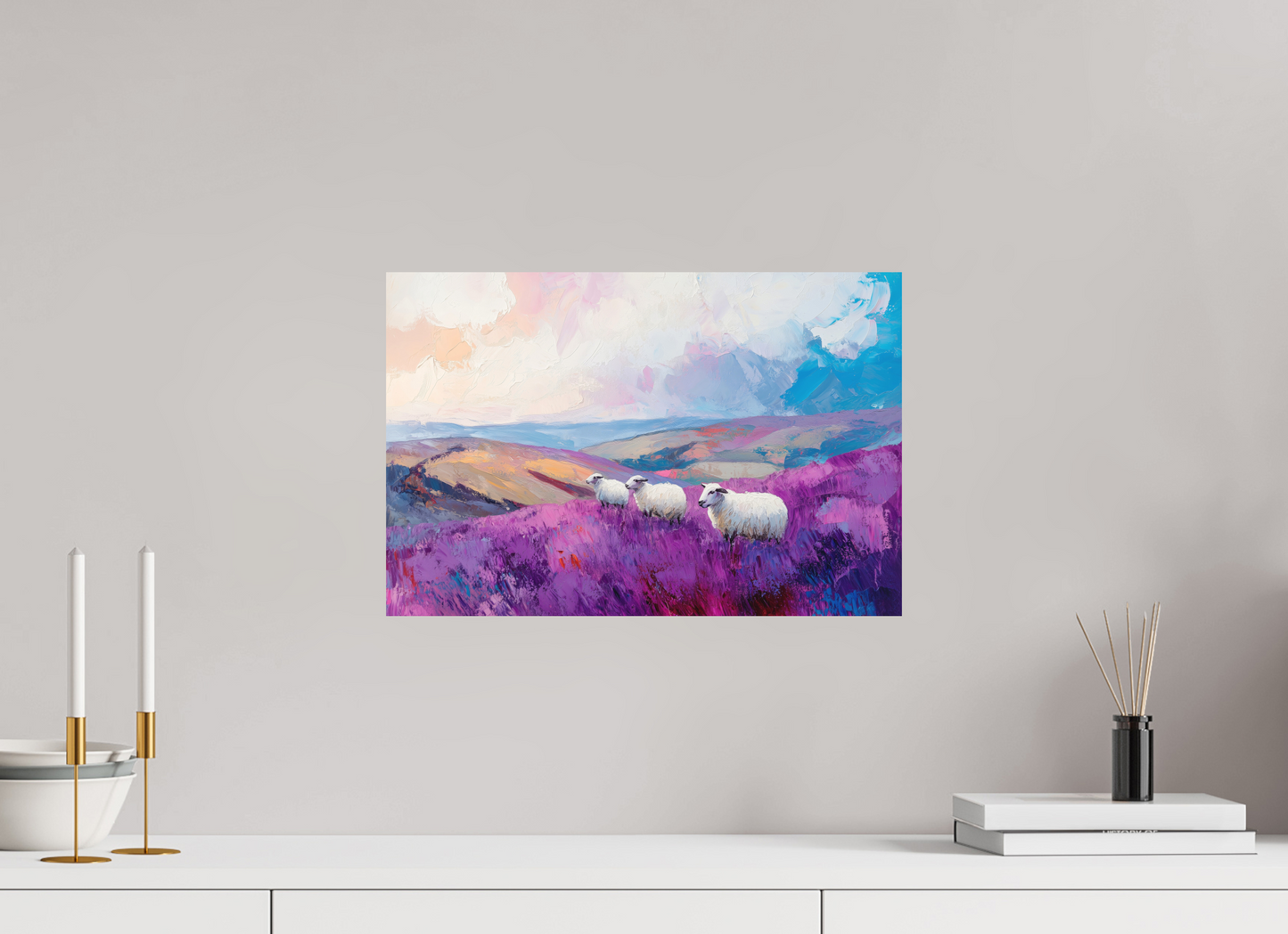 45 x 30 cm, Forex Schafe in einer Heidelandschaft