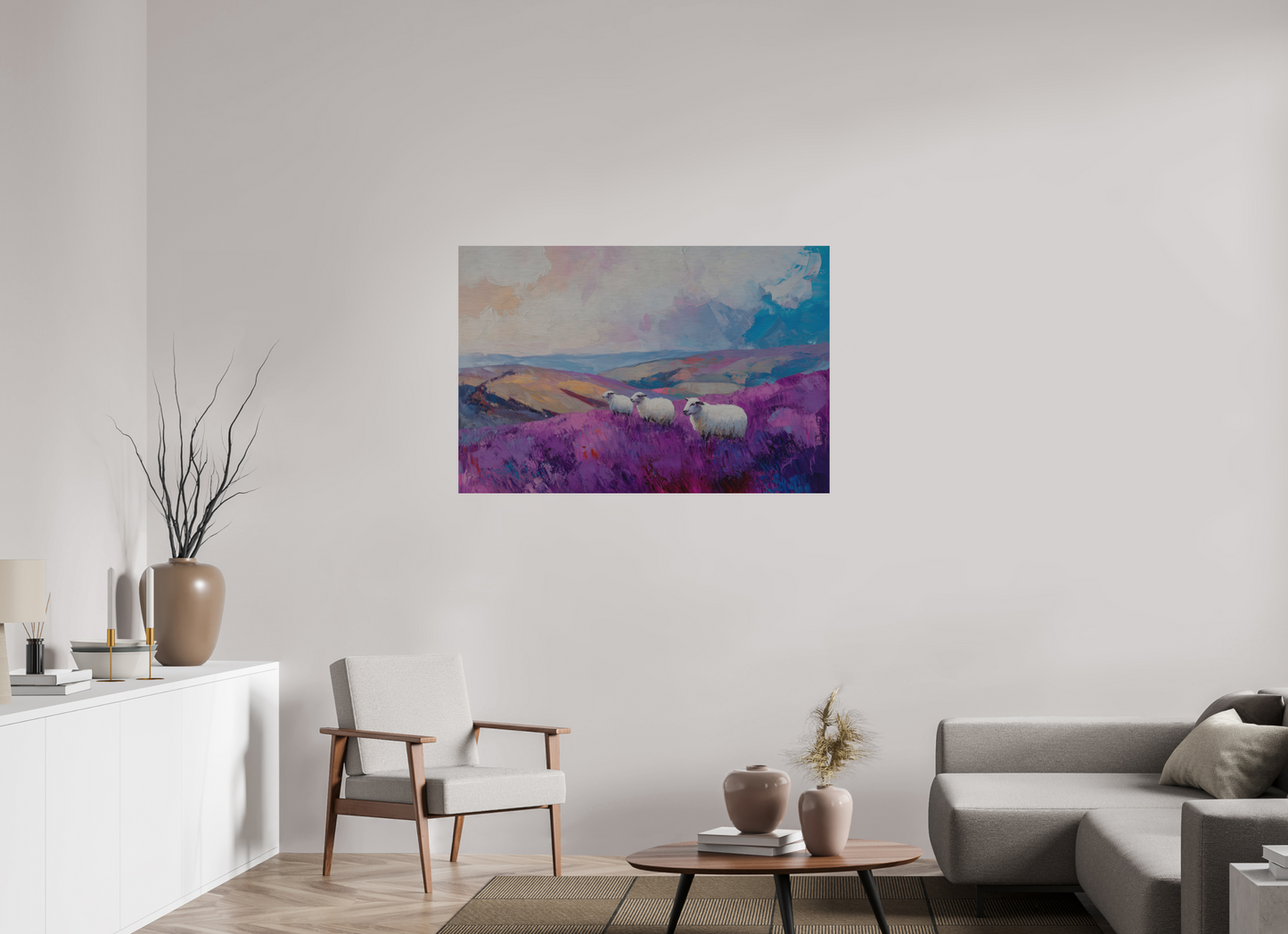 120 x 80 cm, Alu Dibond gebürstet Schafe in einer Heidelandschaft