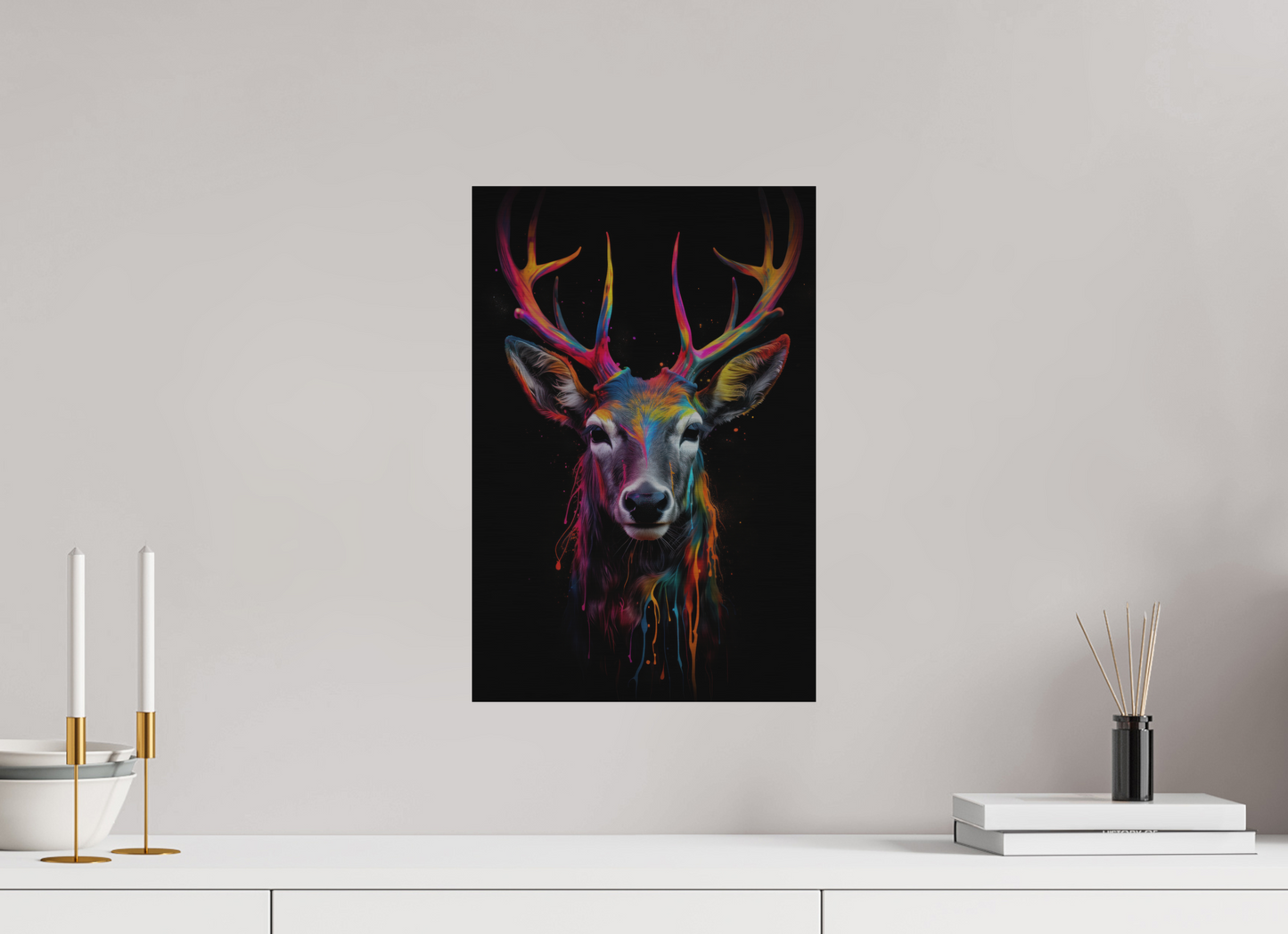 30 x 45 cm, Alu Dibond gebürstet Bunter Hirsch in Neon-Farben