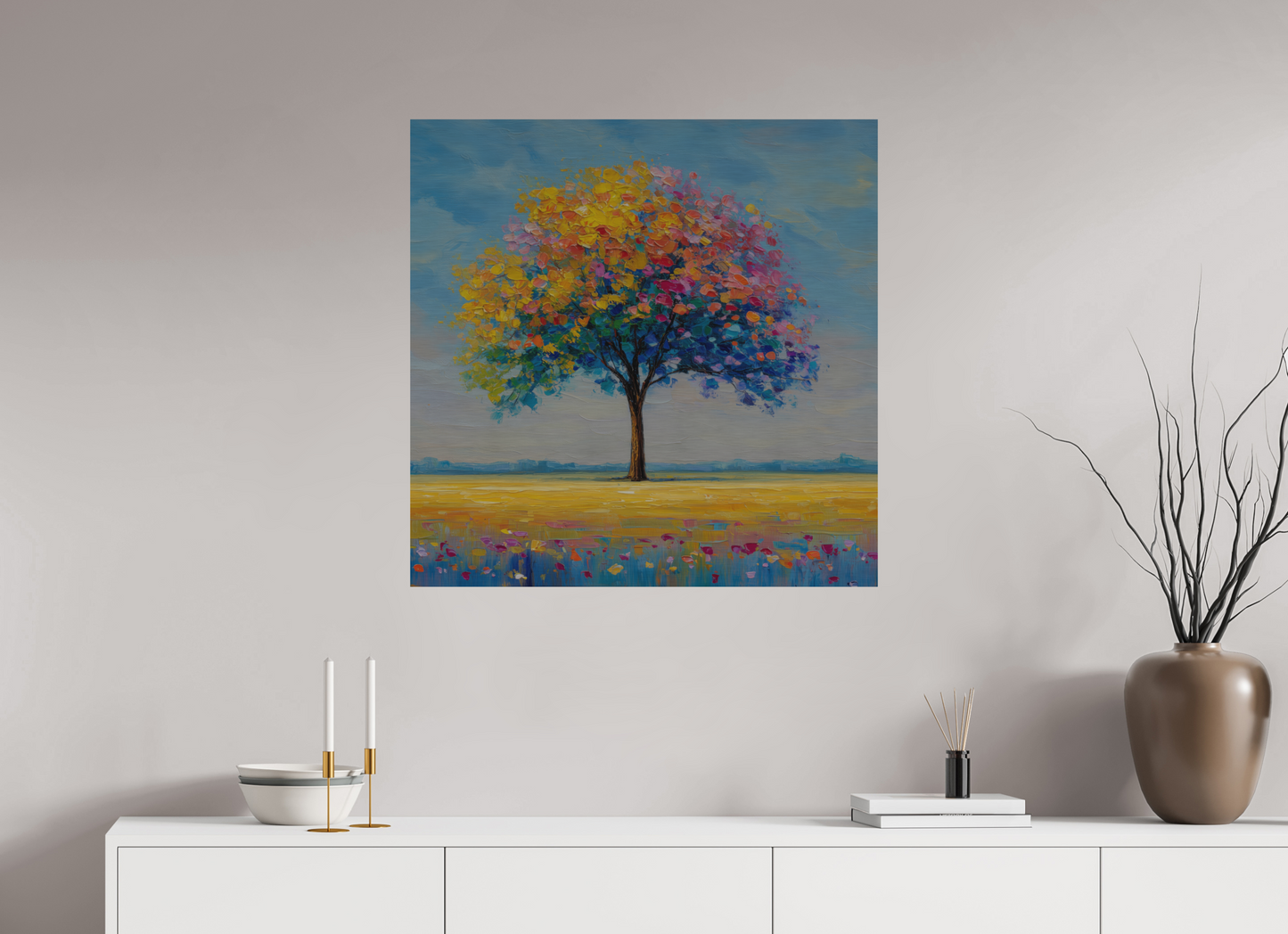 80 x 80 cm, Alu Dibond gebürstet Baum mit bunten Blättern
