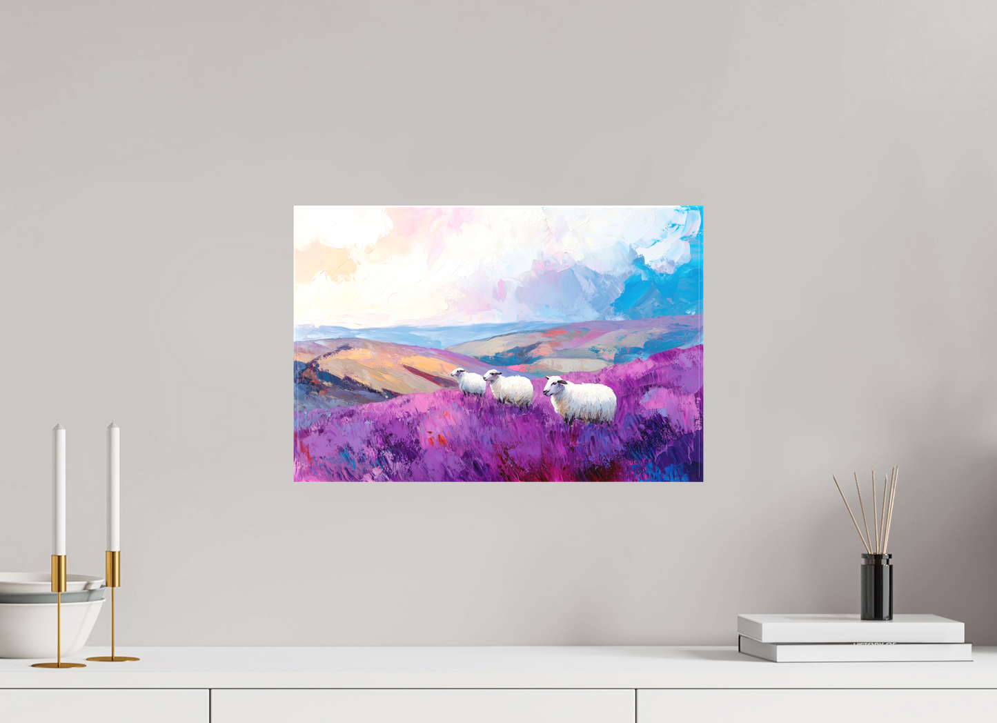 45 x 30 cm, Leinwand Schafe in einer Heidelandschaft
