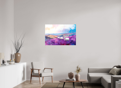 105 x 70 cm, Leinwand Schafe in einer Heidelandschaft