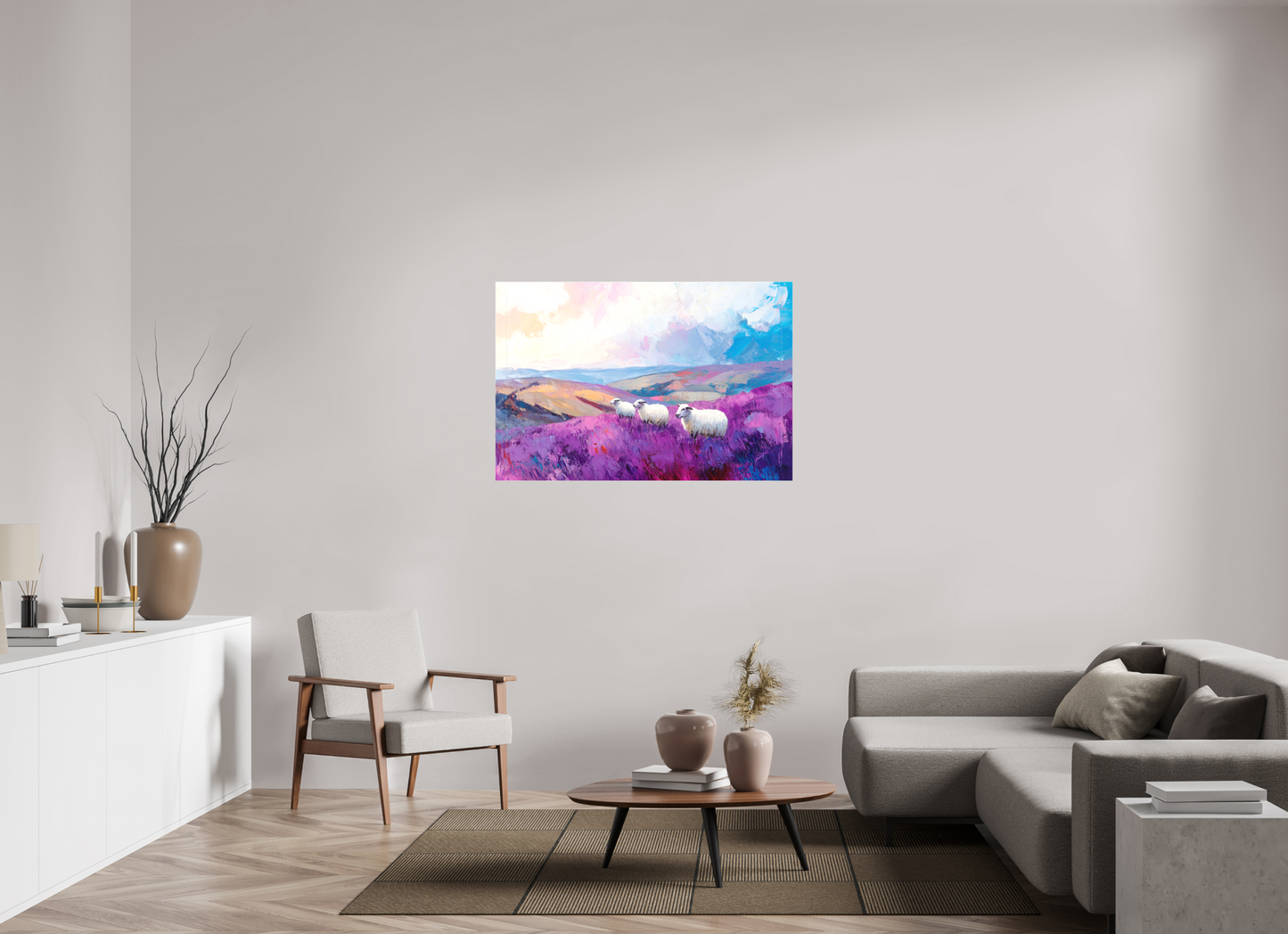 120 x 80 cm, Leinwand Schafe in einer Heidelandschaft