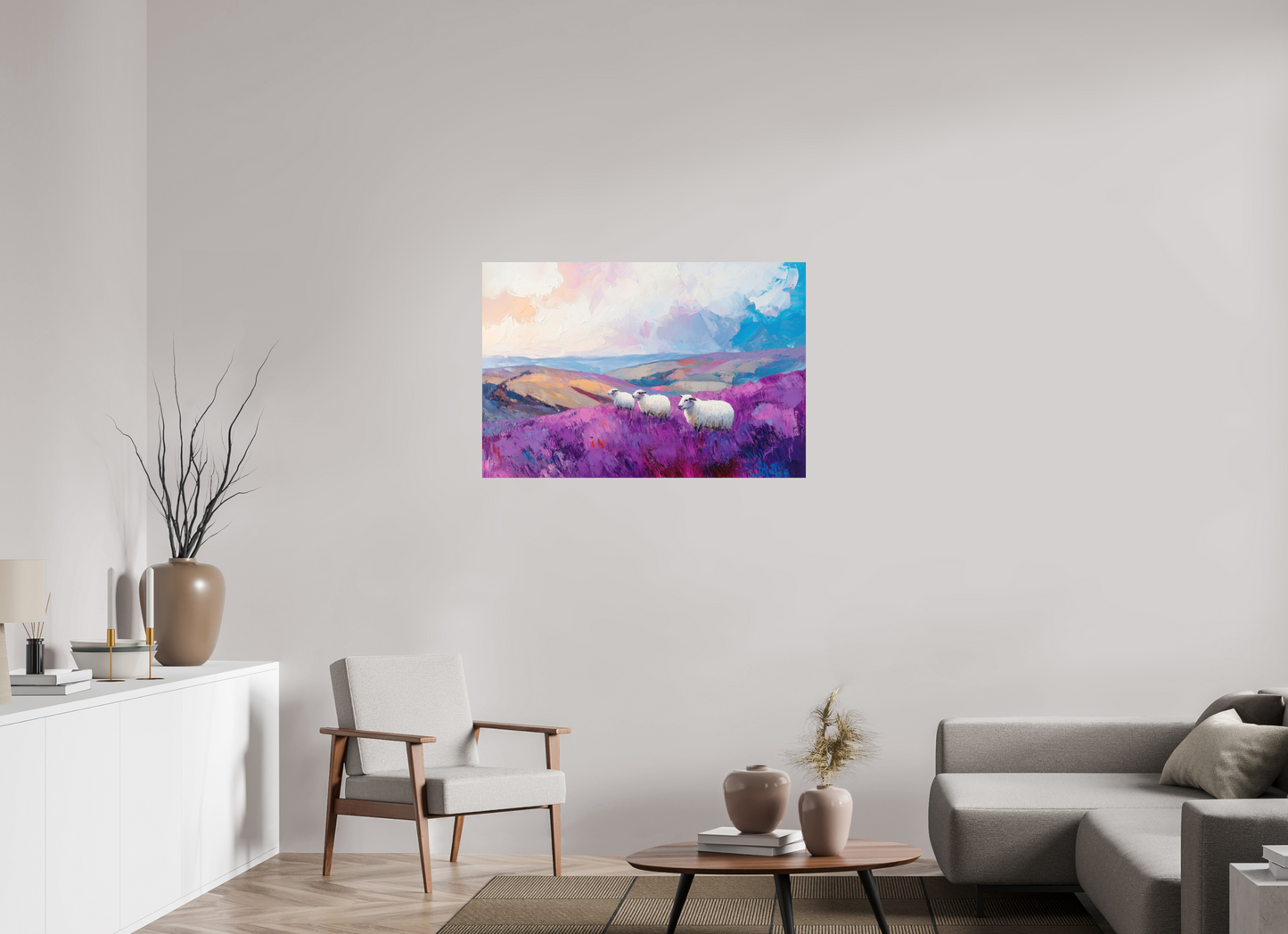105 x 70 cm, Poster Schafe in einer Heidelandschaft