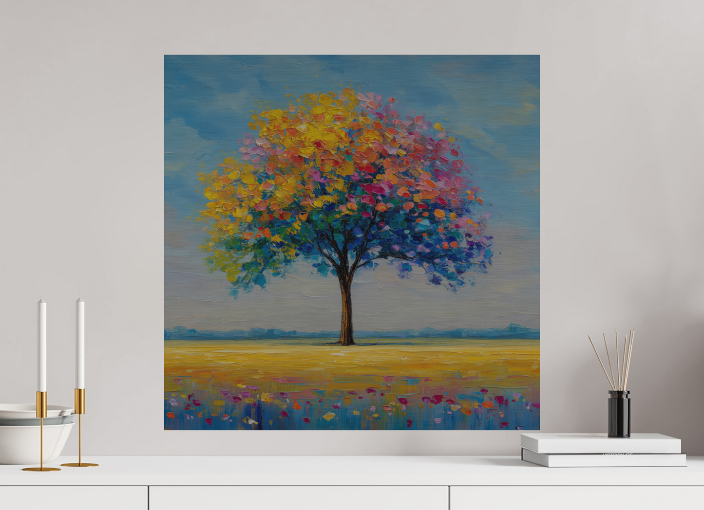 60 x 60 cm, Alu Dibond gebürstet Baum mit bunten Blättern