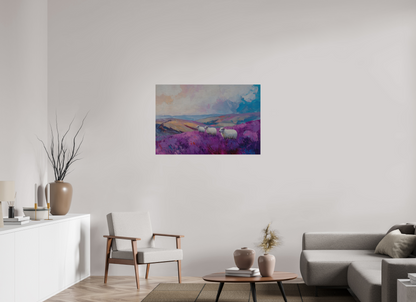 105 x 70 cm, Alu Dibond gebürstet Schafe in einer Heidelandschaft
