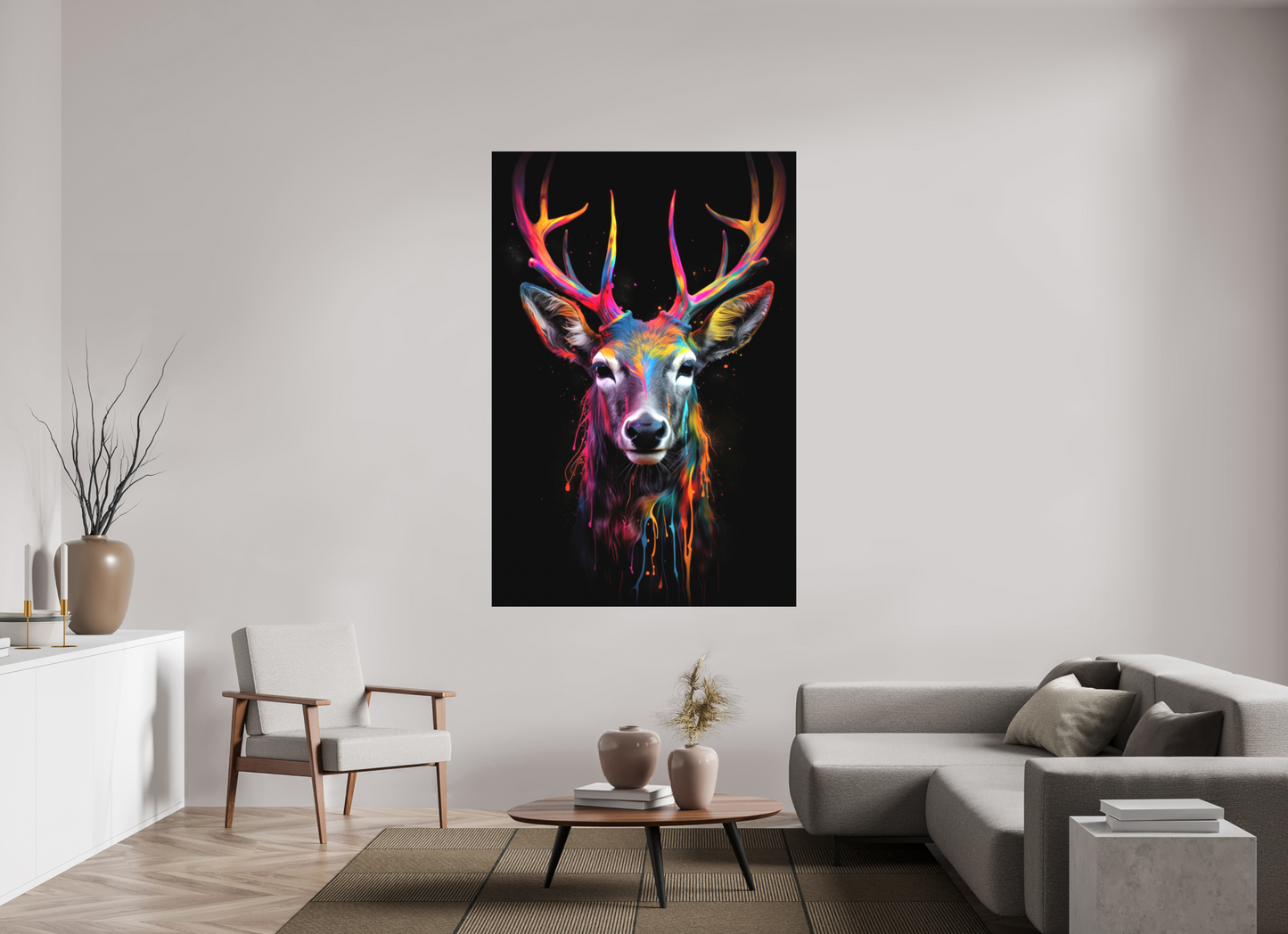 120 x 180 cm, Leinwand Bunter Hirsch in Neon-Farben
