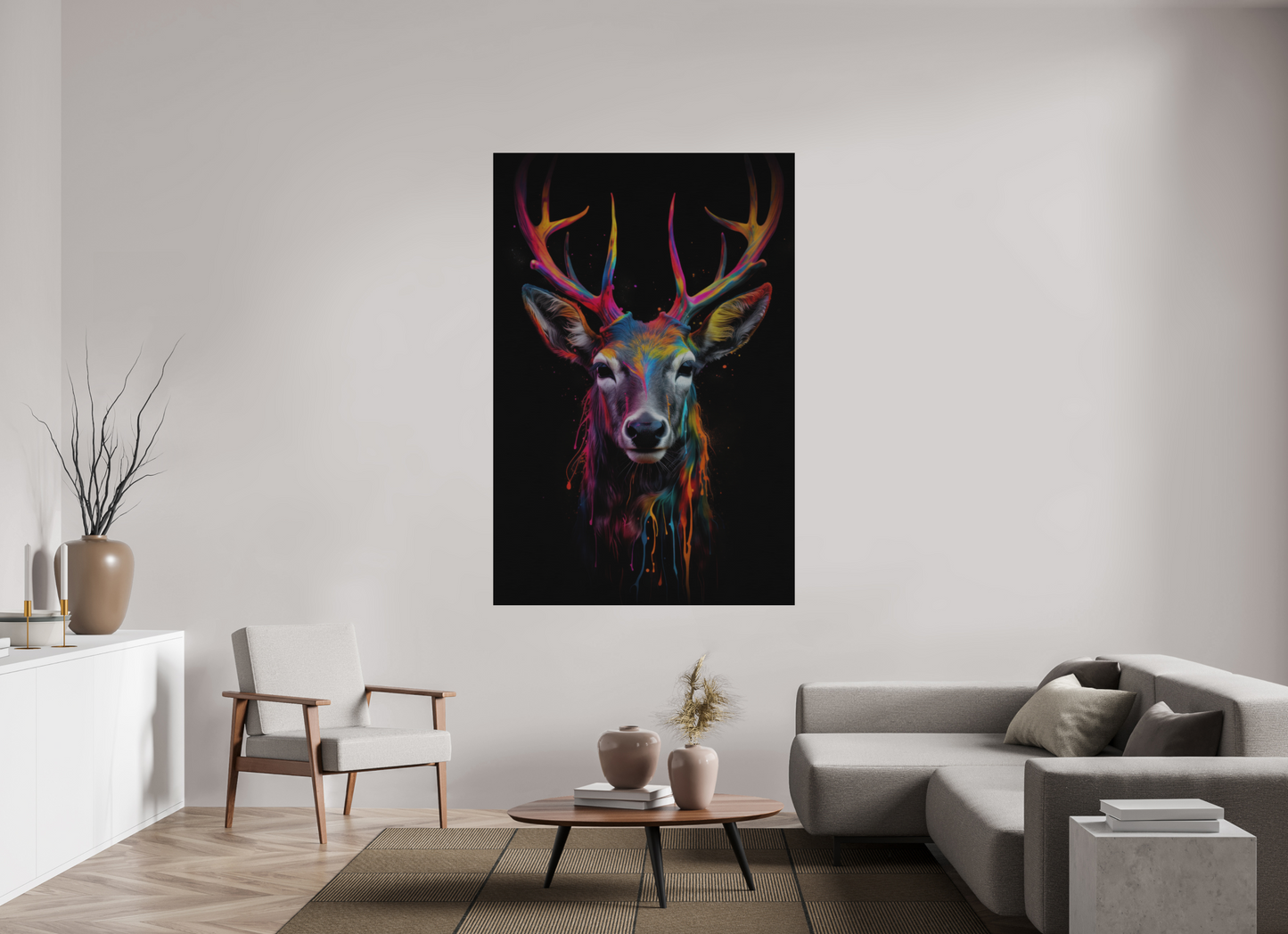 120 x 180 cm, Alu Dibond gebürstet Bunter Hirsch in Neon-Farben