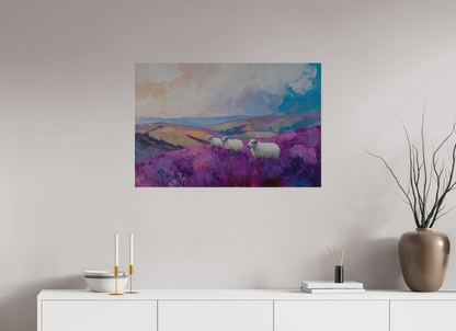 90 x 60 cm, Alu Dibond gebürstet Schafe in einer Heidelandschaft