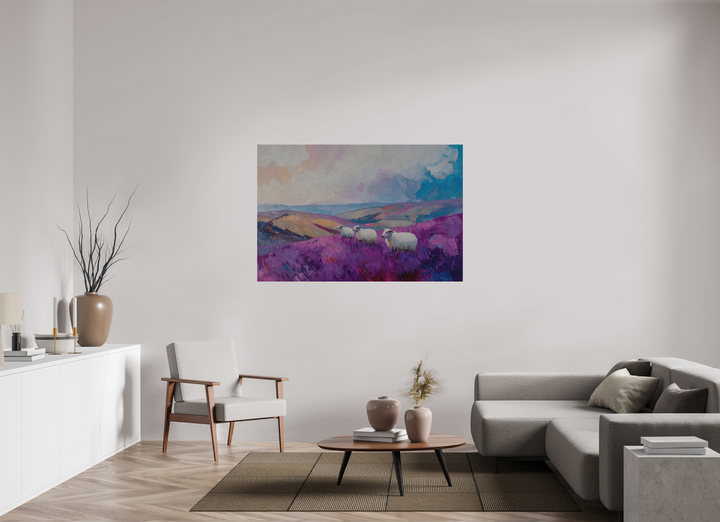 150 x 100 cm, Alu Dibond gebürstet Schafe in einer Heidelandschaft