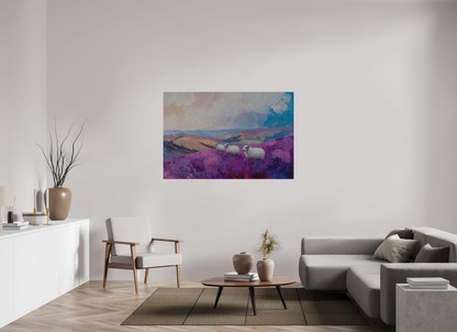 150 x 100 cm, Alu Dibond gebürstet Schafe in einer Heidelandschaft