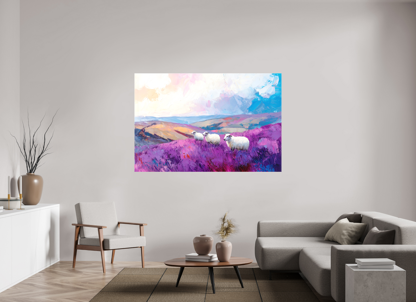 180 x 120 cm, Leinwand Schafe in einer Heidelandschaft