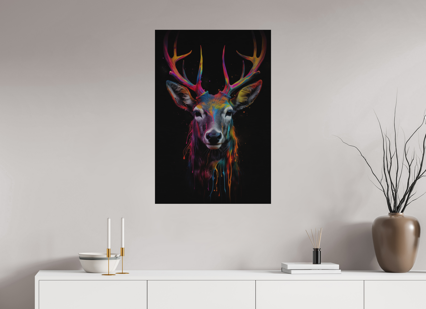 60 x 90 cm, Alu Dibond gebürstet Bunter Hirsch in Neon-Farben