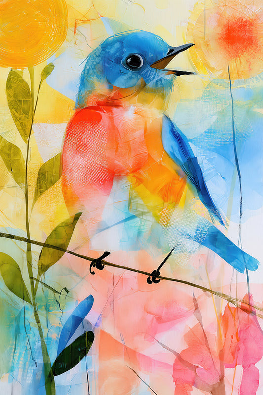 Fröhlicher Singvogel - Moderne Illustration als hochwertiger Kunstdruck. Jetzt bestellen als Wandbild auf Leinwand, Alu-Dibond, hinter Acrylglas oder als Poster.