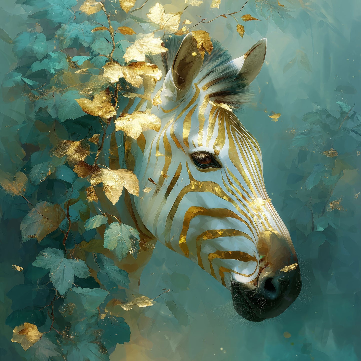 Stilvoller Kunstdruck eines Zebras mit goldenen Akzenten im sanften Blätterwald. Perfekt für ein modernes, elegantes Zuhause als hochwertiges Wandbild auf Leinwand, Alu-Dibond oder hinter Acrylglas.
