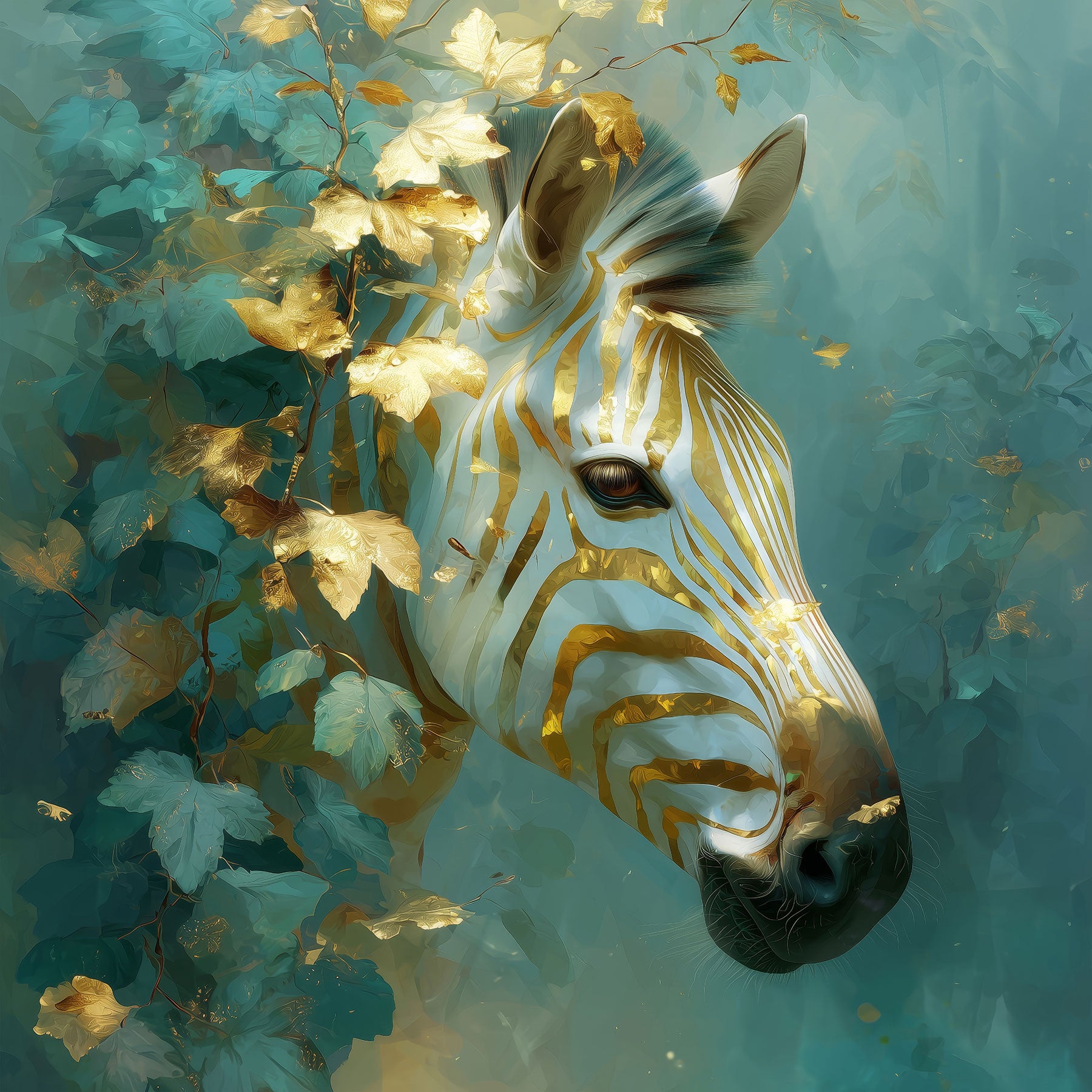 Stilvoller Kunstdruck eines Zebras mit goldenen Akzenten im sanften Blätterwald. Perfekt für ein modernes, elegantes Zuhause als hochwertiges Wandbild auf Leinwand, Alu-Dibond oder hinter Acrylglas.