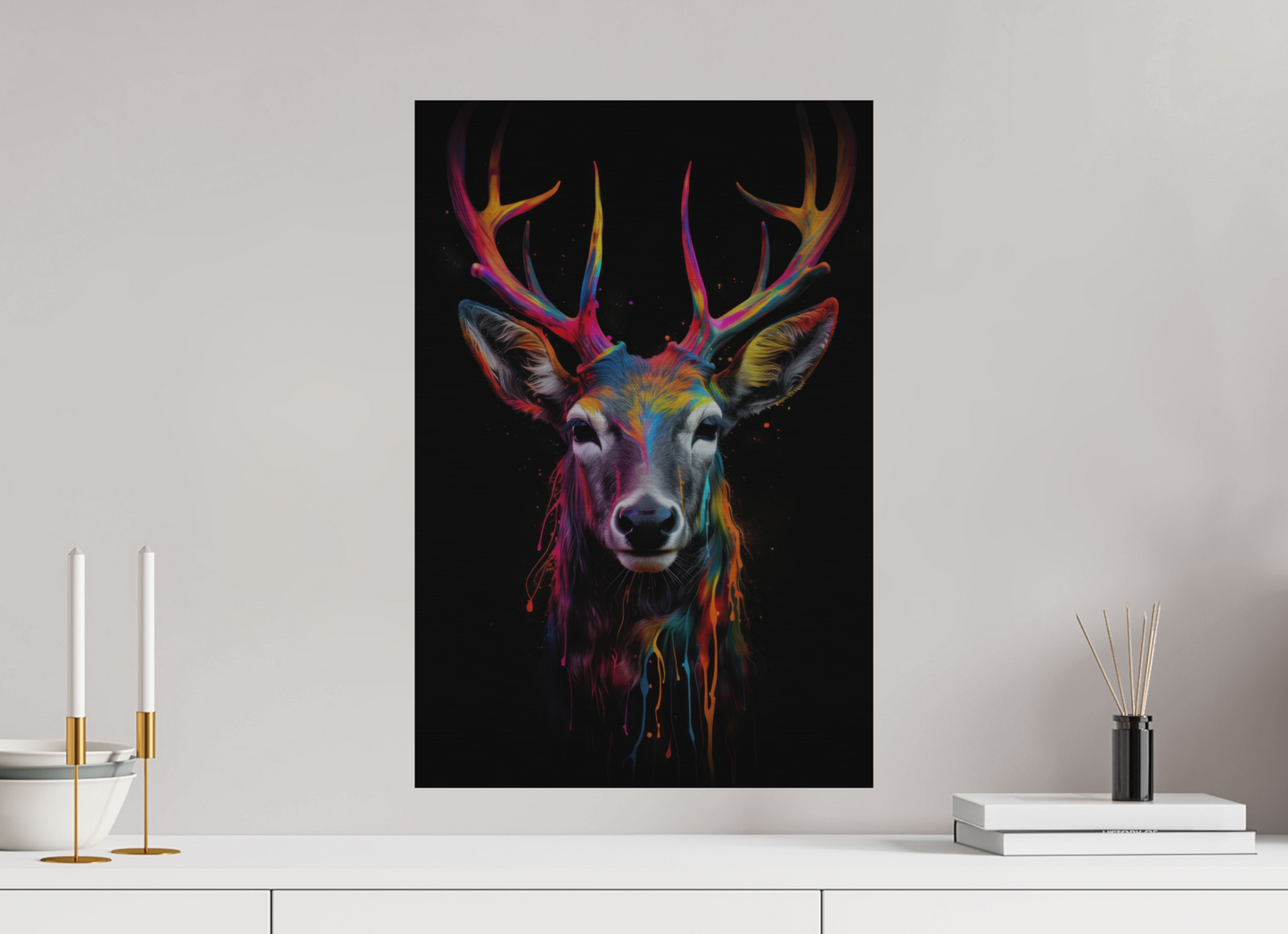 40 x 60 cm, Alu Dibond gebürstet Bunter Hirsch in Neon-Farben