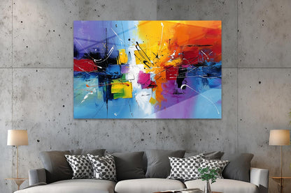 Abstraktes, farbenfrohes Gemälde im modernen Action-Painting-Stil als hochglänzender Kunstdruck auf hauchdünner Aluminium-Platte.