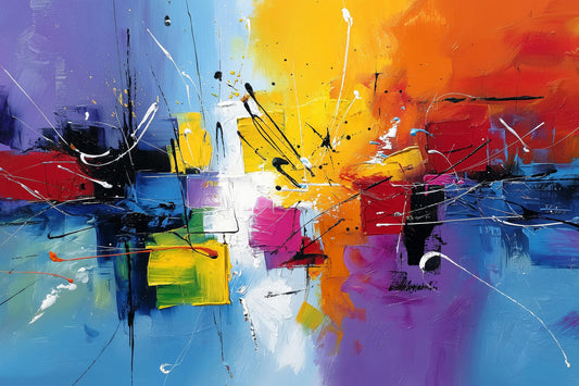 Abstraktes, farbenfrohes Gemälde im modernen Action-Painting-Stil als hochwertiger Kunstdruck auf Leinwand, Alu-Dibond oder hinter Acrylglas online kaufen.