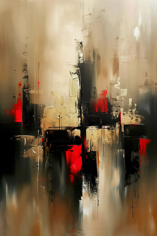 Kraftvolles, abstraktes Skyline-Gemälde in Schwarz, Gold und Rot als hochwertiger Kunstdruck auf Leinwand, hinter Acrylglas oder auf Alu-Dibond.