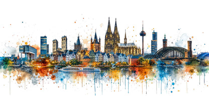 Köln Skyline Illustration als hochwertiger Kunstdruck. Jetzt bestellen als Wandbild auf Leinwand, Alu-Dibond, hinter Acrylglas oder als Poster. Versandkostenfreie Lieferung innerhalb Deutschlands.