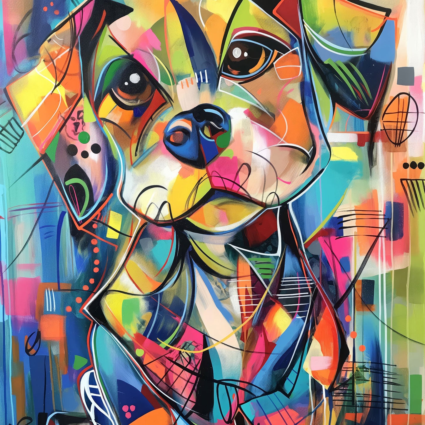 Abstrakter bunter Pop Art Hund - Modernes Wandbild Gemälde als Kunstdruck auf Leinwand, Acrylglas, Alu-Dibond oder als Poster.