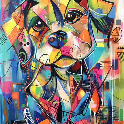 Abstrakter bunter Pop Art Hund - Modernes Wandbild Gemälde als Kunstdruck auf Leinwand, Acrylglas, Alu-Dibond oder als Poster.