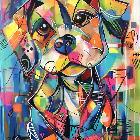 Abstrakter bunter Pop Art Hund - Modernes Wandbild Gemälde als Kunstdruck auf Leinwand, Acrylglas, Alu-Dibond oder als Poster.