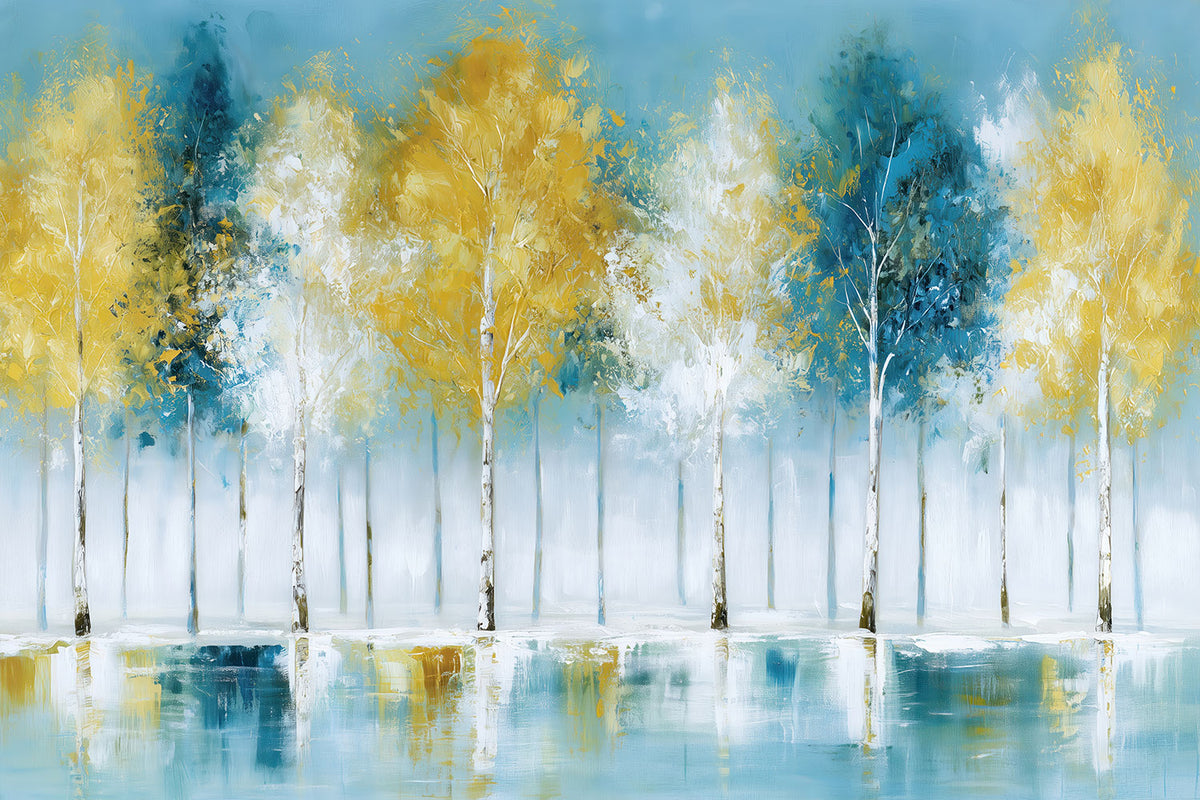 Herbstlicher Birkenwald als Gemälde-Kunstdruck. Jetzt bestellen als Wandbild auf Leinwand, Alu-Dibond, Acrylglas oder als Poster. Versandkostenfrei innerhalb Deutschlands.