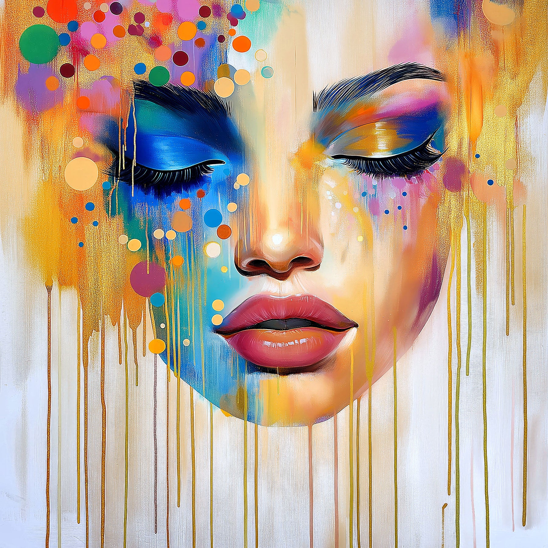 Hochwertiger Pop Art - Kunstdruck eines modernen Frauen-Porträts in intensiven Farben & Gold-Optik. Das perfekte Wandbild auf Leinwand, Alu-Dibond oder hinter Acrylglas bis zum XL-Format.