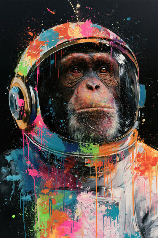 Pop Art Gemälde eines Affen als Astronaut als hochwertiger Kunstdruck. Jetzt bestellen als Wandbild auf Leinwand, Alu-Dibond, hinter Acrylglas oder als Poster. 