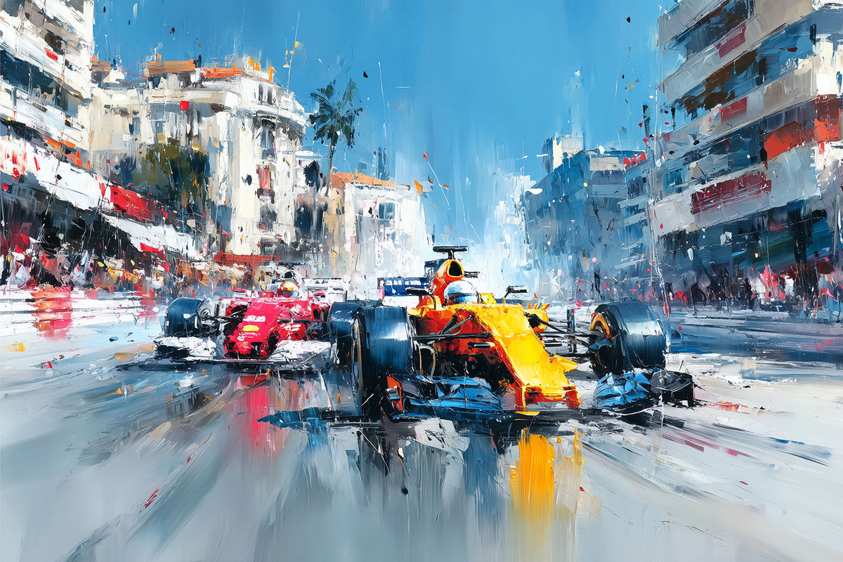 Modernes dynamisches Motorsport-Gemälde. Formel 1 Wagen in Monaco als hochwertiger Kunstdruck auf Leinwand, Alu-Dibond oder hinter Acrylglas.