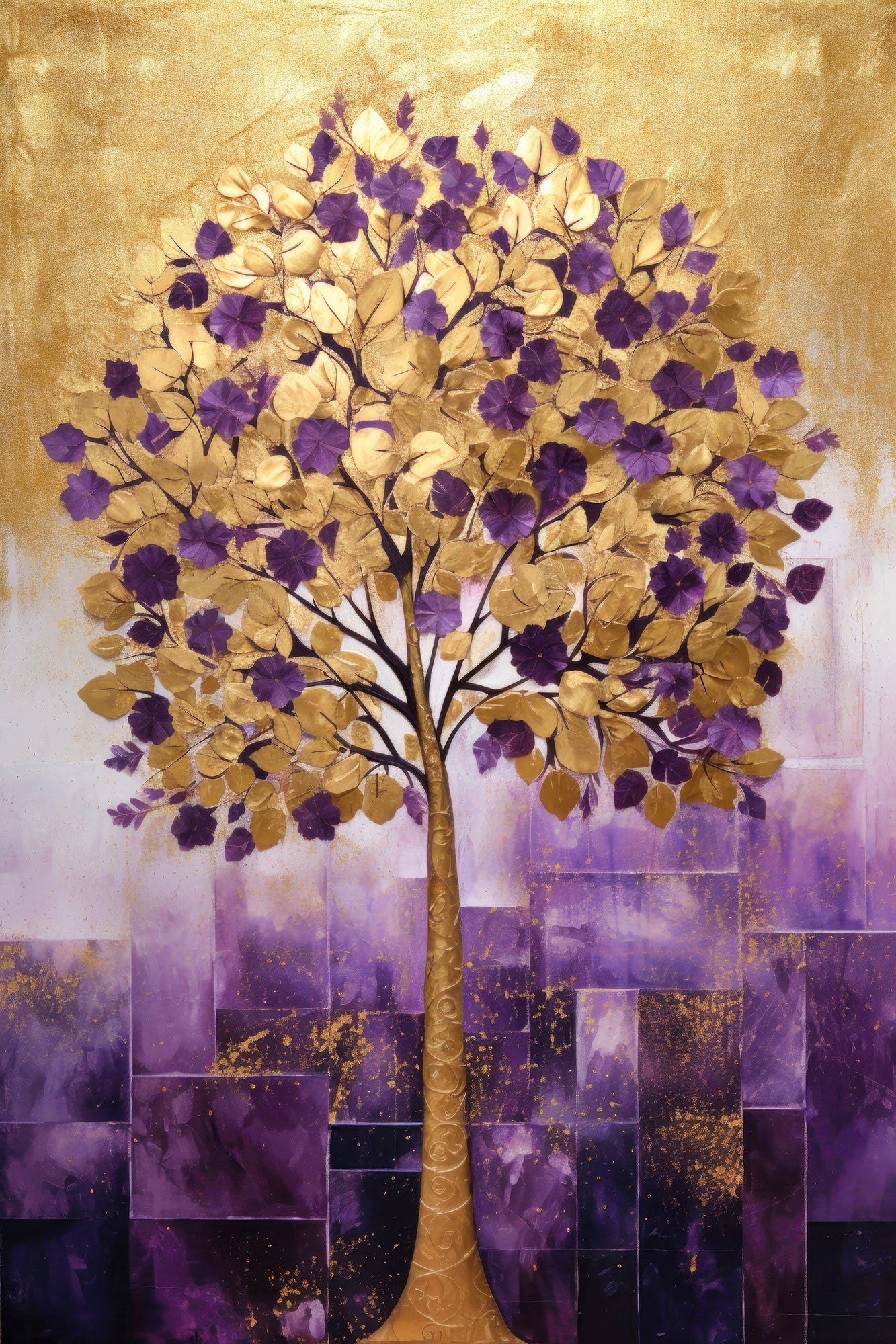 Abstraktes Lebensbaum-Motiv mit goldenen Blättern und violetten Blüten im Stil eines modernen Gemäldes als hochwertiger Kunstdruck auf Leinwand, Alu-Dibond oder hinter Acrylglas online kaufen.