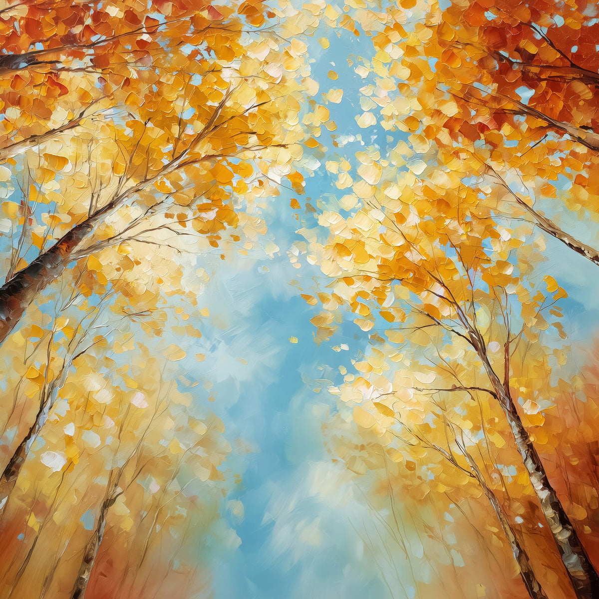 Gemälde von herbstlichen Baumwipfeln in warmen leuchtenden Farben als hochwertiger Kunstdruck auf Leinwand, Alu-Dibond, hinter Acrylglas oder als Poster.