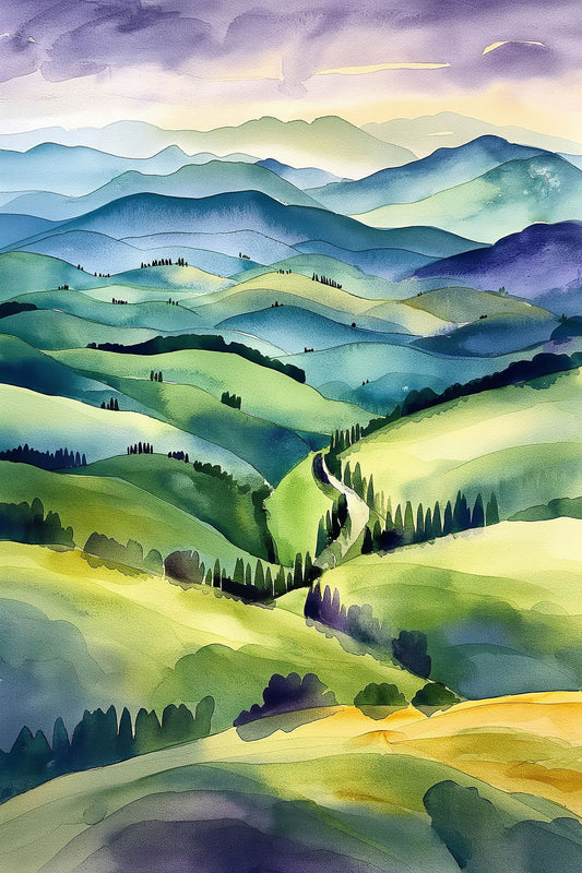 Idyllisches Hügellandschaft-Gemälde als hochwertiges Wandbild oder Poster. Jetzt als Kunstdruck bestellen auf Leinwand, hinter Acrylglas oder auf Alu-Dibond.