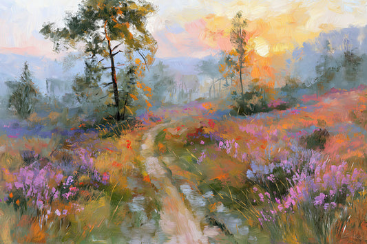 Blühende Heidelandschaft im Sonnenaufgang. Modernes Gemälde als hochwertiger Kunstdruck. Jetzt bestellen als Wandbild auf Leinwand, Alu-Dibond, hinter Acrylglas oder als Poster.
