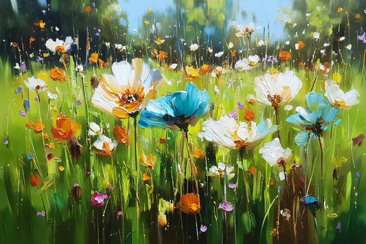 Gemälde einer Blumenwiese als hochwertiger Kunstdruck, erhältlich als Wandbild auf Leinwand, Alu-Dibond, hinter Acrylglas oder als Poster.
