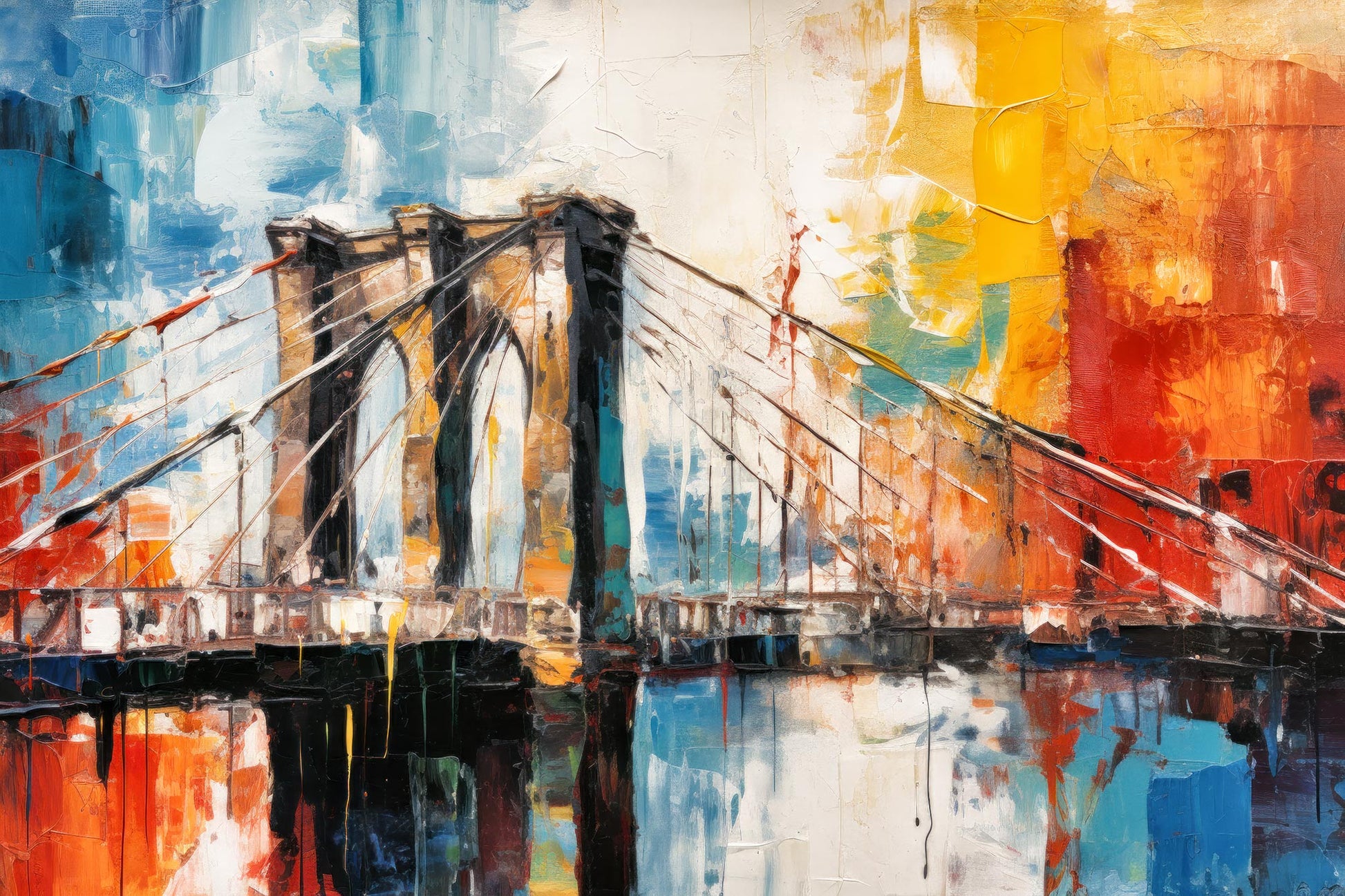 Farbenfrohes New York Gemälde der Brooklyn Bridge im modernen expressionistischen Stil. Jetzt als hochwertiger Kunstdruck auf Leinwand, hinter Acrylglas oder auf Alu-Dibond online kaufen.
