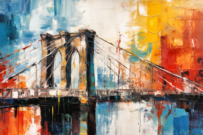 Farbenfrohes New York Gemälde der Brooklyn Bridge im modernen expressionistischen Stil. Jetzt als hochwertiger Kunstdruck auf Leinwand, hinter Acrylglas oder auf Alu-Dibond online kaufen.
