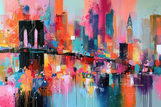 Moderne farbenfrohe und abstrakte Manhattan Skyline als hochwertiger Kunstdruck. Jetzt bestellen als Wandbild auf Leinwand, Alu-Dibond, hinter Acrylglas oder als Poster.