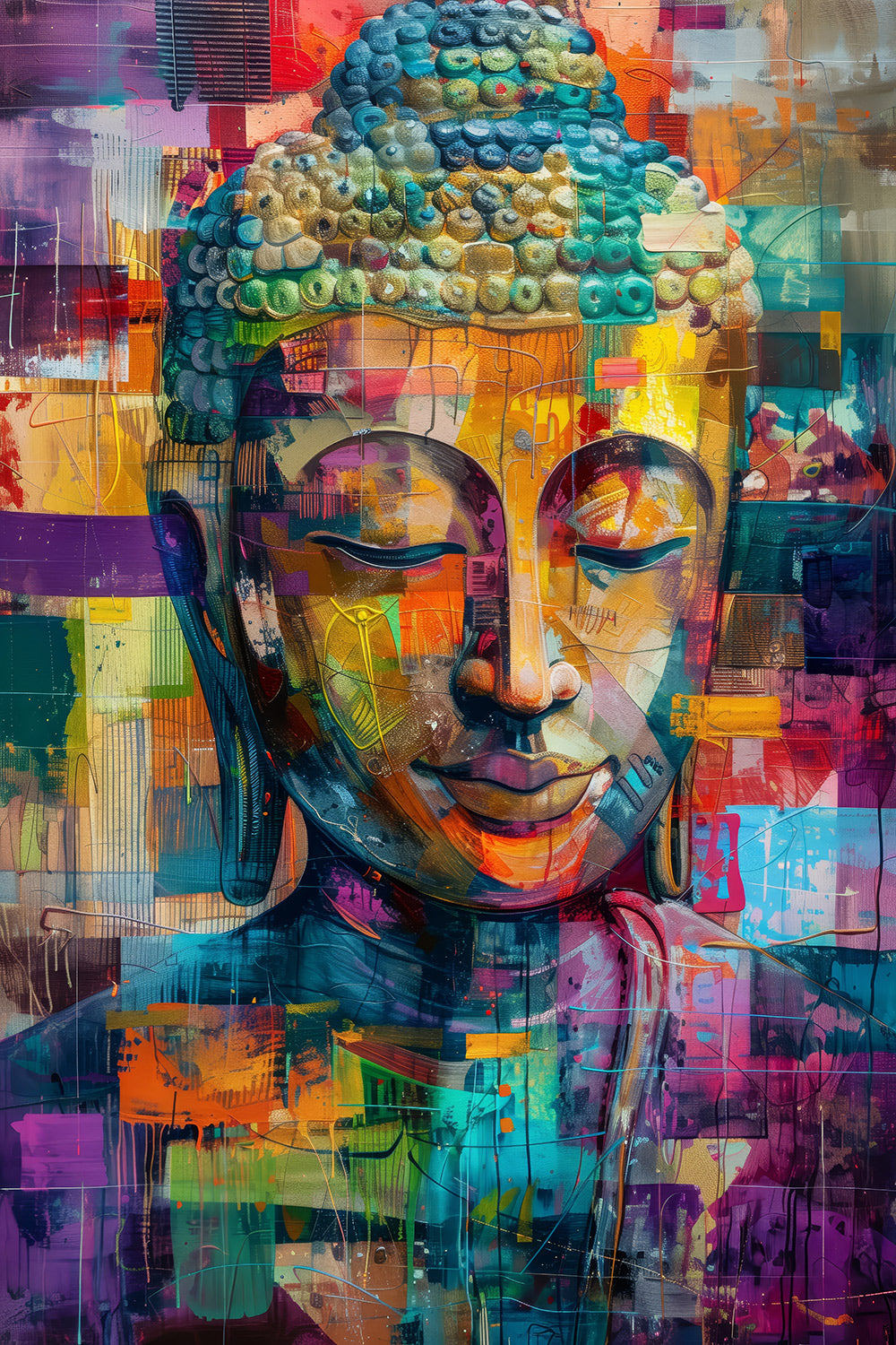 Modernes farbenfrohes expressionistisches Buddha-Gemälde als hochwertiger Kunstdruck auf Leinwand, Alu-Dibond, hinter Acrylglas oder als Poster.