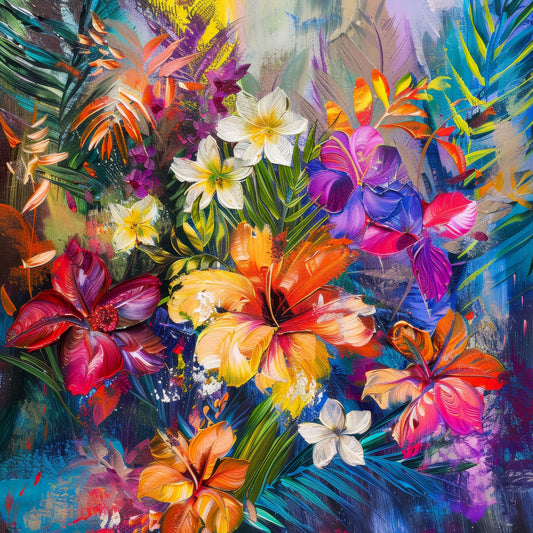 Tropisches Blumen Motiv im Stil eines Gemäldes als hochwertiger Kunstdruck auf Leinwand, Alu-Dibond oder hinter Acrylglas.