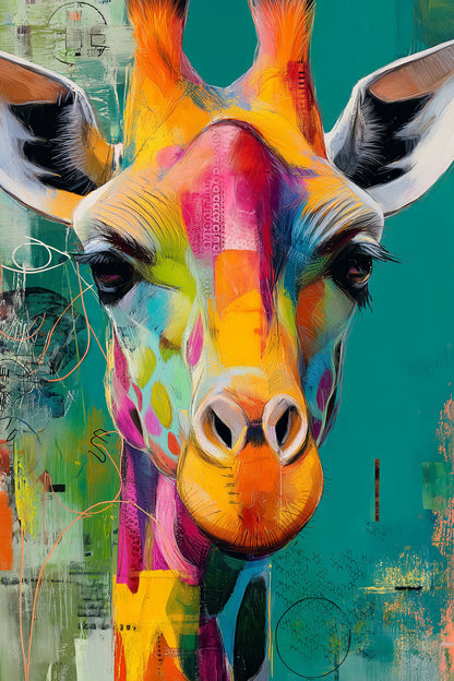 Kunstvolles Giraffenporträt im Pop Art- Mixed-Media Stil als hochwertiger Kunstdruck auf Leinwand, Alu-Dibond oder hinter Acrylglas. 