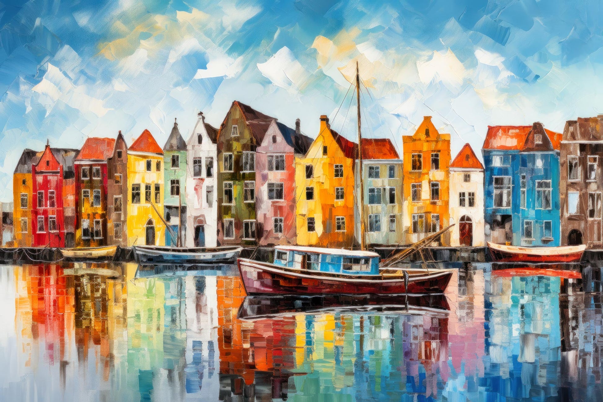 Farbenfrohes Amsterdam Gemälde einer Gracht mit traditionellen Booten im modernen Spachtelstil. Jetzt als hochwertiger Kunstdruck auf Leinwand, hinter Acrylglas oder auf Alu-Dibond kaufen.