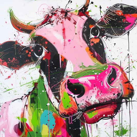 Buntes Kuh Gemälde im modernen Pop Art Stil mit Neonfarben und Farbspritzern als hochwertigen 