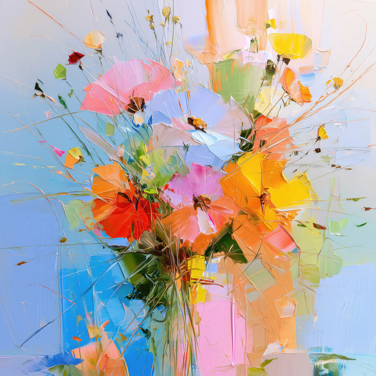 Modernes abstraktes Blumenstrauß-Gemälde als hochwertiger Kunstdruck auf Leinwand, Alu-Dibond oder hinter Acrylglas.