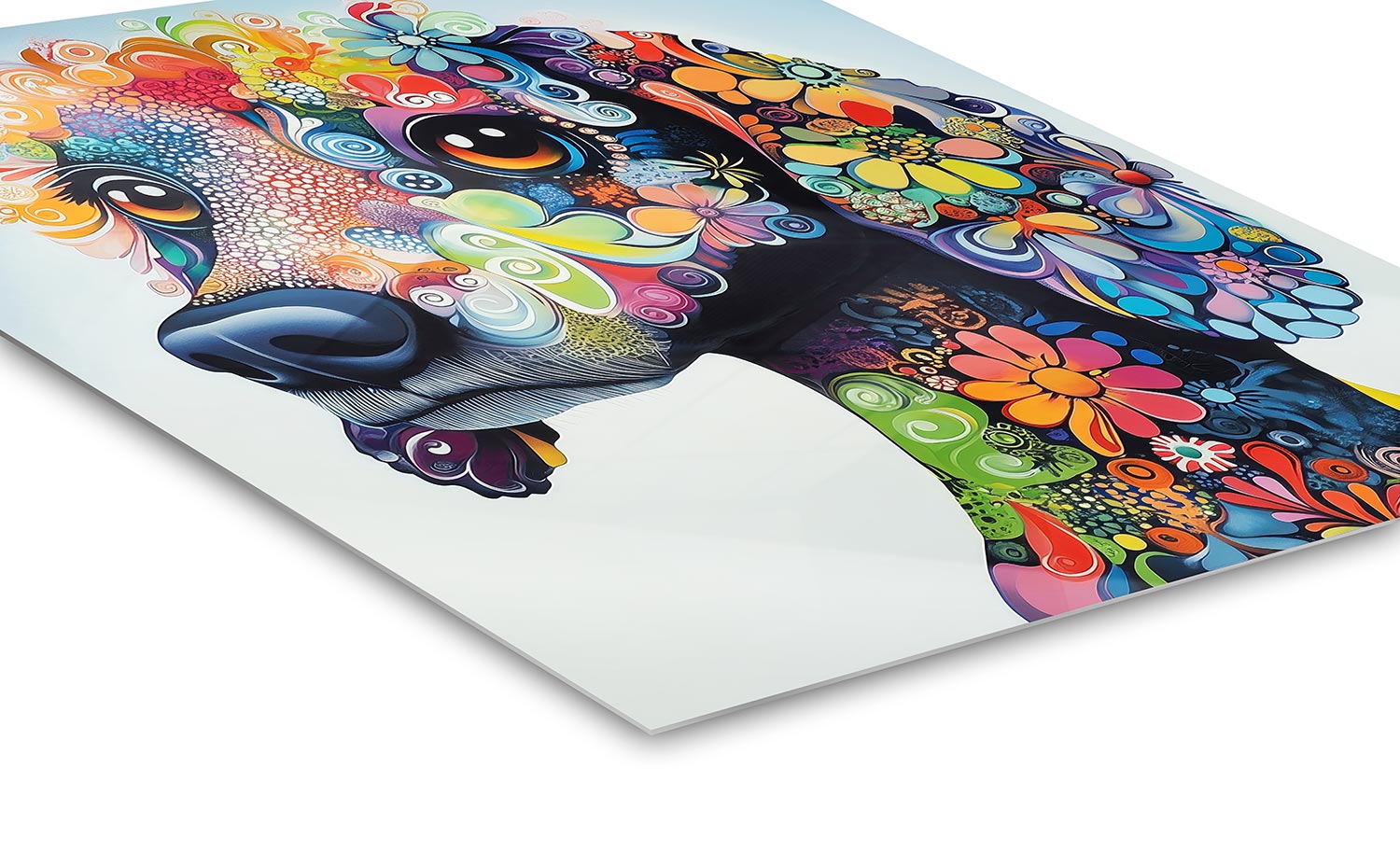Hund Motiv im detailreichen psychedelischen Pop-Art Stil als Hochglanz-Druck auf einer hauchdünnen Alu-Platte.