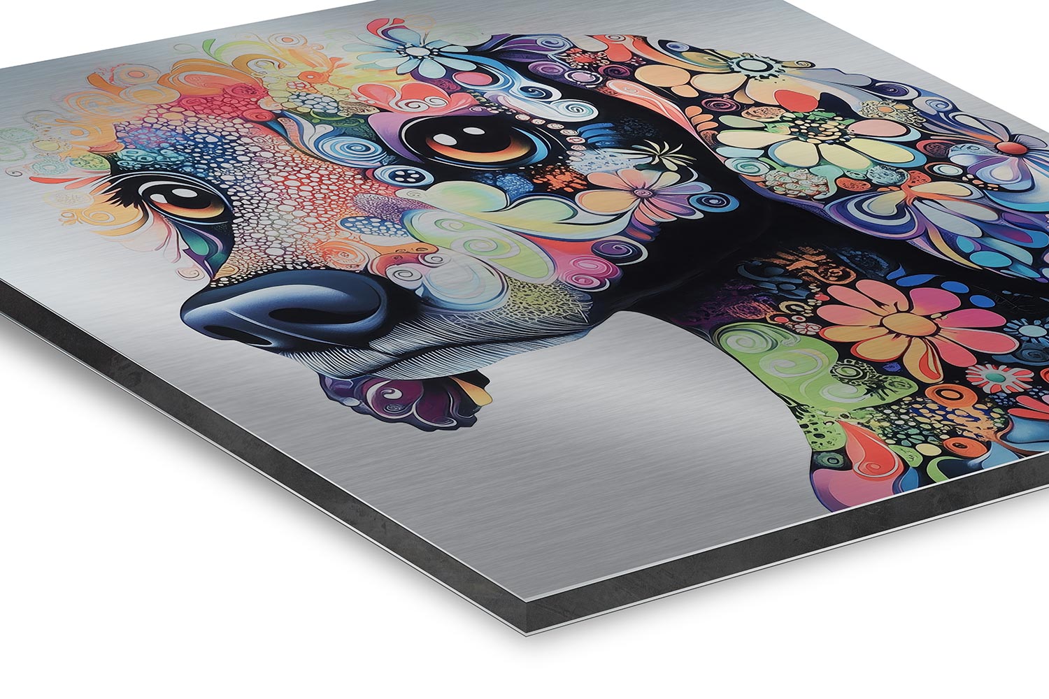 Hund Motiv im detailreichen psychedelischen Pop-Art Stil als hochwertiger Kunstdruck auf gebürstetem Alu-Dibond mit metallischem Schimmer.