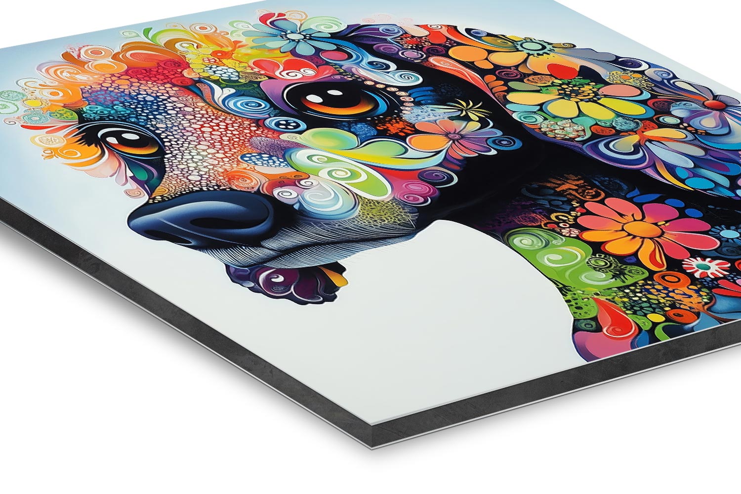 Hund Motiv im detailreichen psychedelischen Pop-Art Stil als hochwertiger Kunstdruck auf Alu-Dibond, fertig zum Aufhängen.